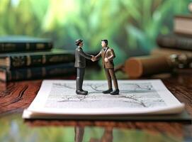 Close up of two businessmen shaking hands in blurred office with computer and contract on table. Concept of partnership and communication Created with Generative AI technology. photo