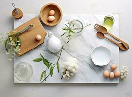 Baking culinary ingredients. Eggs, flour, whisk and kitchen textile on bright grey concrete background. Cookies, pie or cake recipe mockup. Top view. Created with Generative AI technology. photo