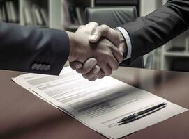 Close up of two businessmen shaking hands in blurred office with computer and contract on table. Concept of partnership and communication Created with Generative AI technology. photo