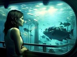 Man watching underwater world through round window in aquarium Created with Generative AI technology. photo