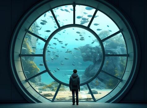 hombre acecho submarino mundo mediante redondo ventana en acuario creado con generativo ai tecnología. foto