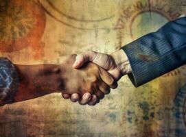 Close up of two businessmen shaking hands in blurred office with computer and contract on table. Concept of partnership and communication Created with Generative AI technology. photo