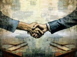 Close up of two businessmen shaking hands in blurred office with computer and contract on table. Concept of partnership and communication Created with Generative AI technology. photo