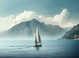 Sailing boat in the sea against the backdrop of mountains. Created with Generative AI technology. photo