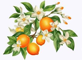 un rama de un naranja o Mandarina árbol con frutas y flores, aislado en un blanco antecedentes. creado con generativo ai tecnología. foto