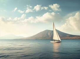 Sailing boat in the sea against the backdrop of mountains. Created with Generative AI technology. photo