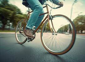 Young sport woman riding bicycle in the evening in public park. Beautiful athlete fit and firm girl in sportswear wear helmet, exercise by cycling workout. Created with Generative AI technology. photo