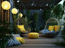 Modern lounge outdoors in backyard. Exterior veranda of house with black Acapulco armchairs and plants pots. Cozy space in patio or balcony with garland. Created with Generative AI technology. photo