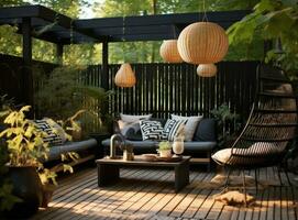 Modern lounge outdoors in backyard. Exterior veranda of house with black Acapulco armchairs and plants pots. Cozy space in patio or balcony with garland. Created with Generative AI technology. photo