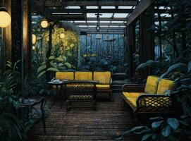 Modern lounge outdoors in backyard. Exterior veranda of house with black Acapulco armchairs and plants pots. Cozy space in patio or balcony with garland. Created with Generative AI technology. photo