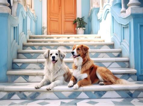 two dogs are lying on the porch. Little Jack Russell Terrier and a Nova Scotia Duck Tolling Retriever. Created with Generative AI technology. photo