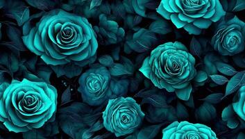 Unusual Floral summer seamless pattern. Blue and pink flowers on a black background. Vintage. SEAMLESS PATTERN. Created with Generative AI technology. photo