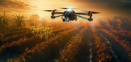 Agriculture drone fly to sprayed fertilizer on row of cassava tree. smart farmer use drone for various fields like research analysis, terrain scanning technology. Created with Generative AI technology photo