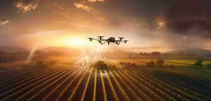 Agriculture drone fly to sprayed fertilizer on row of cassava tree. smart farmer use drone for various fields like research analysis, terrain scanning technology. Created with Generative AI technology photo