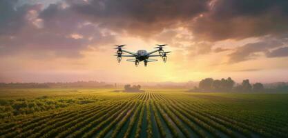 Agriculture drone fly to sprayed fertilizer on row of cassava tree. smart farmer use drone for various fields like research analysis, terrain scanning technology. Created with Generative AI technology photo