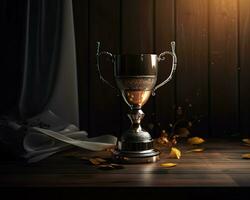 Trophy on top of wooden table in front of dark background. copy space ready for your design win concept. Created with Generative AI technology. photo