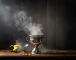 Trophy on top of wooden table in front of dark background. copy space ready for your design win concept. Created with Generative AI technology. photo