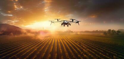 Agriculture drone fly to sprayed fertilizer on row of cassava tree. smart farmer use drone for various fields like research analysis, terrain scanning technology. Created with Generative AI technology photo