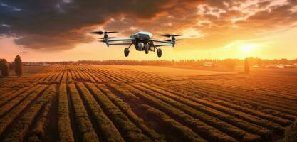 Agriculture drone fly to sprayed fertilizer on row of cassava tree. smart farmer use drone for various fields like research analysis, terrain scanning technology. Created with Generative AI technology photo