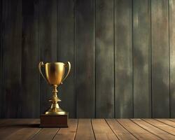 Trophy on top of wooden table in front of dark background. copy space ready for your design win concept. Created with Generative AI technology. photo