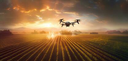 Agriculture drone fly to sprayed fertilizer on row of cassava tree. smart farmer use drone for various fields like research analysis, terrain scanning technology. Created with Generative AI technology photo