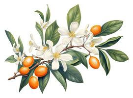 un rama de un naranja o Mandarina árbol con frutas y flores, aislado en un blanco antecedentes. creado con generativo ai tecnología. foto
