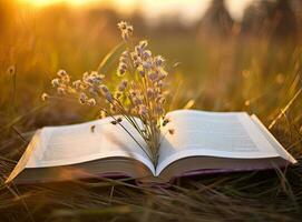 Open book in the grass on the field on sunny day in spring. Beautiful meadow with daisy and dandelion flowers at springtime. Created with Generative AI technology. photo