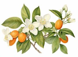 un rama de un naranja o Mandarina árbol con frutas y flores, aislado en un blanco antecedentes. creado con generativo ai tecnología. foto