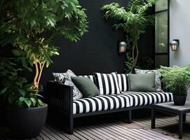 Modern lounge outdoors in backyard. Exterior veranda of house with black Acapulco armchairs and plants pots. Cozy space in patio or balcony with garland. Created with Generative AI technology. photo