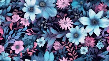 Unusual Floral summer seamless pattern. Blue and pink flowers on a black background. Vintage. SEAMLESS PATTERN. Created with Generative AI technology. photo