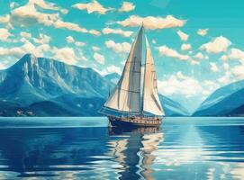 Sailing boat in the sea against the backdrop of mountains. Created with Generative AI technology. photo