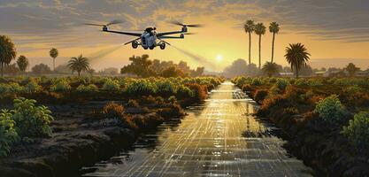 Agriculture drone fly to sprayed fertilizer on row of cassava tree. smart farmer use drone for various fields like research analysis, terrain scanning technology. Created with Generative AI technology photo