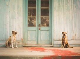 two dogs are lying on the porch. Little Jack Russell Terrier and a Nova Scotia Duck Tolling Retriever. Created with Generative AI technology. photo