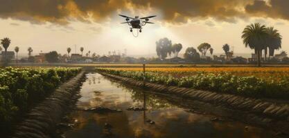 Agriculture drone fly to sprayed fertilizer on row of cassava tree. smart farmer use drone for various fields like research analysis, terrain scanning technology. Created with Generative AI technology photo