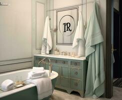 Monogrammed M and T towels hanging on a towel rod in a bathroom. Created with Generative AI technology. photo