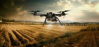 Agriculture drone fly to sprayed fertilizer on row of cassava tree. smart farmer use drone for various fields like research analysis, terrain scanning technology. Created with Generative AI technology photo