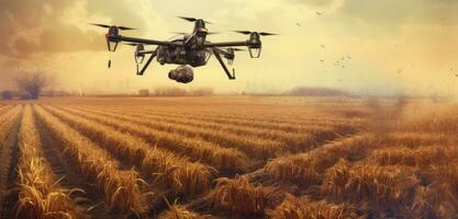 Agriculture drone fly to sprayed fertilizer on row of cassava tree. smart farmer use drone for various fields like research analysis, terrain scanning technology. Created with Generative AI technology photo