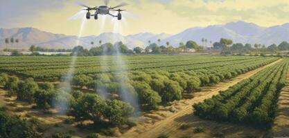 Agriculture drone fly to sprayed fertilizer on row of cassava tree. smart farmer use drone for various fields like research analysis, terrain scanning technology. Created with Generative AI technology photo
