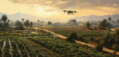 Agriculture drone fly to sprayed fertilizer on row of cassava tree. smart farmer use drone for various fields like research analysis, terrain scanning technology. Created with Generative AI technology photo