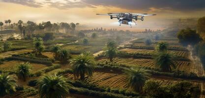 Agriculture drone fly to sprayed fertilizer on row of cassava tree. smart farmer use drone for various fields like research analysis, terrain scanning technology. Created with Generative AI technology photo