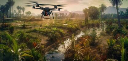 Agriculture drone fly to sprayed fertilizer on row of cassava tree. smart farmer use drone for various fields like research analysis, terrain scanning technology. Created with Generative AI technology photo