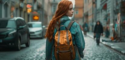 Back to school, Back of college student with backpack while going to university by walking from street, teenager in campus, education background, banner concept. Created with Generative AI technology. photo