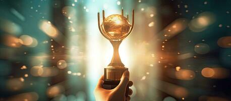 Champion golden trophy for winner background. Success and achievement concept. Sport and cup award theme. Created with Generative AI technology. photo