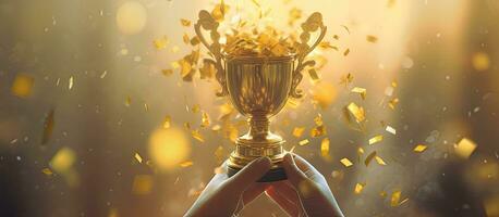 Champion golden trophy for winner background. Success and achievement concept. Sport and cup award theme. Created with Generative AI technology. photo