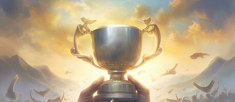 Champion golden trophy for winner background. Success and achievement concept. Sport and cup award theme. Created with Generative AI technology. photo