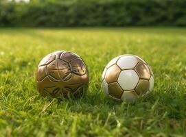 Trophy of the FIFA World Cup on the green grass of the football field. Created with Generative AI technology. photo