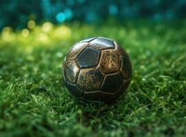 Trophy of the FIFA World Cup on the green grass of the football field. Created with Generative AI technology. photo