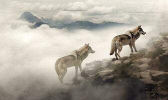 Wild wolfs in nature wilderness. Created with Generative AI technology. photo