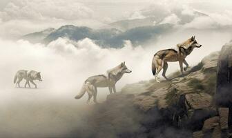 Wild wolfs in nature wilderness. Created with Generative AI technology. photo