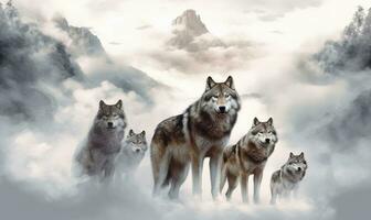 Wild wolfs in nature wilderness. Created with Generative AI technology. photo